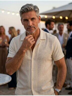 Renuar Men M Short Sleeve Button Up Cream Waffle Knit Textured Resort Investment